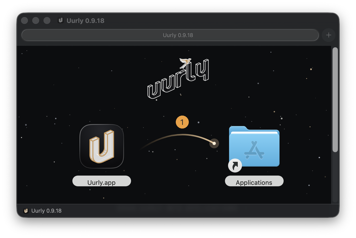 The opened Uurly 0.9.18 disk image on a Mac: the Uurly app on the left, an arrow, and the Applications folder on the right