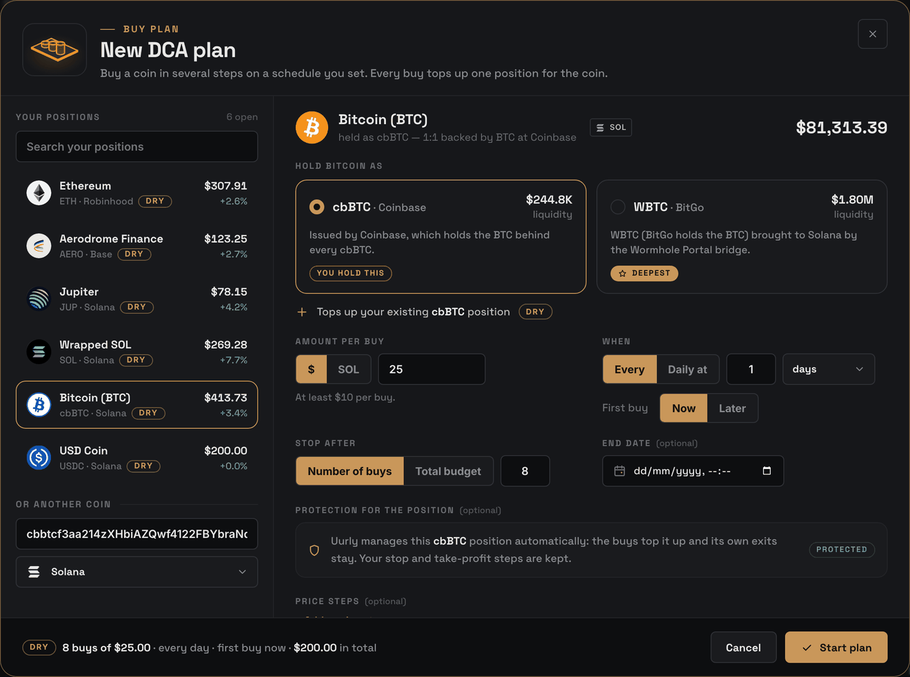 New DCA plan in Uurly: your positions on the left with Bitcoin picked and held as cbBTC, the amount per buy, the schedule, when to stop and the protection of the position