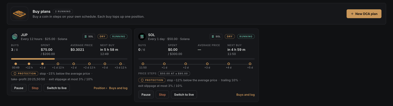 Uurly Buy plans: a JUP plan every 12 hours with 3 of 8 buys done and a daily SOL plan with a price step, each with the protection of its position