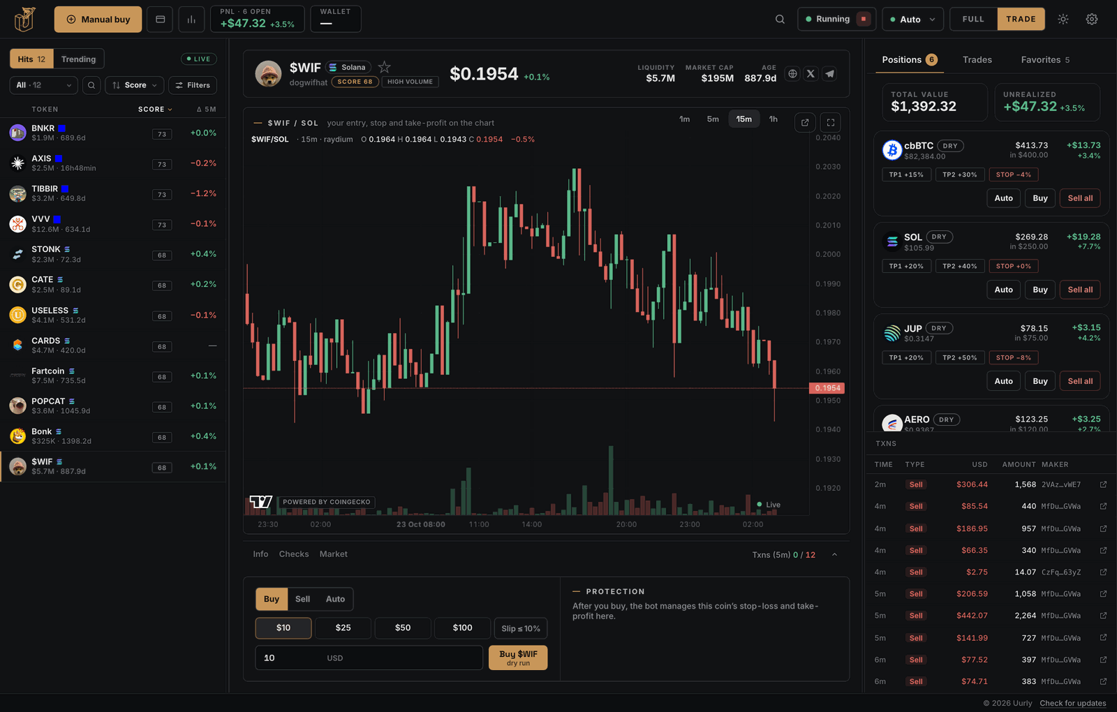 Uurly Trade mode: the watchlist with its filter bar on the left, the coin's live chart and trades in the middle and the Buy, Sell and Auto ticket on the right